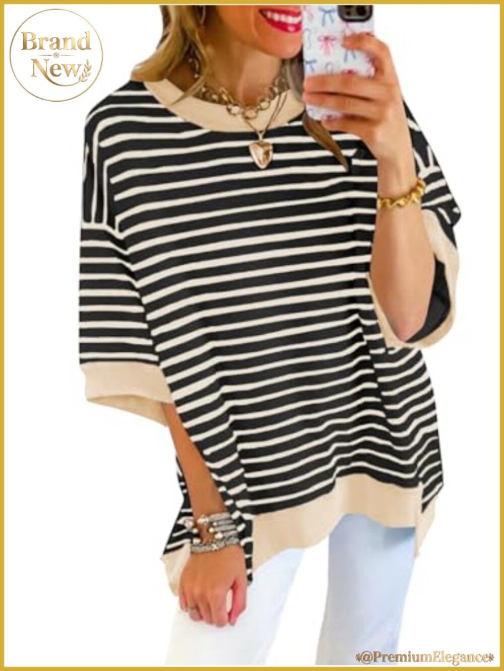Women's Oversized Striped Short Sleeve Sweatshirt Pullover Casual Loose Knit Tee
